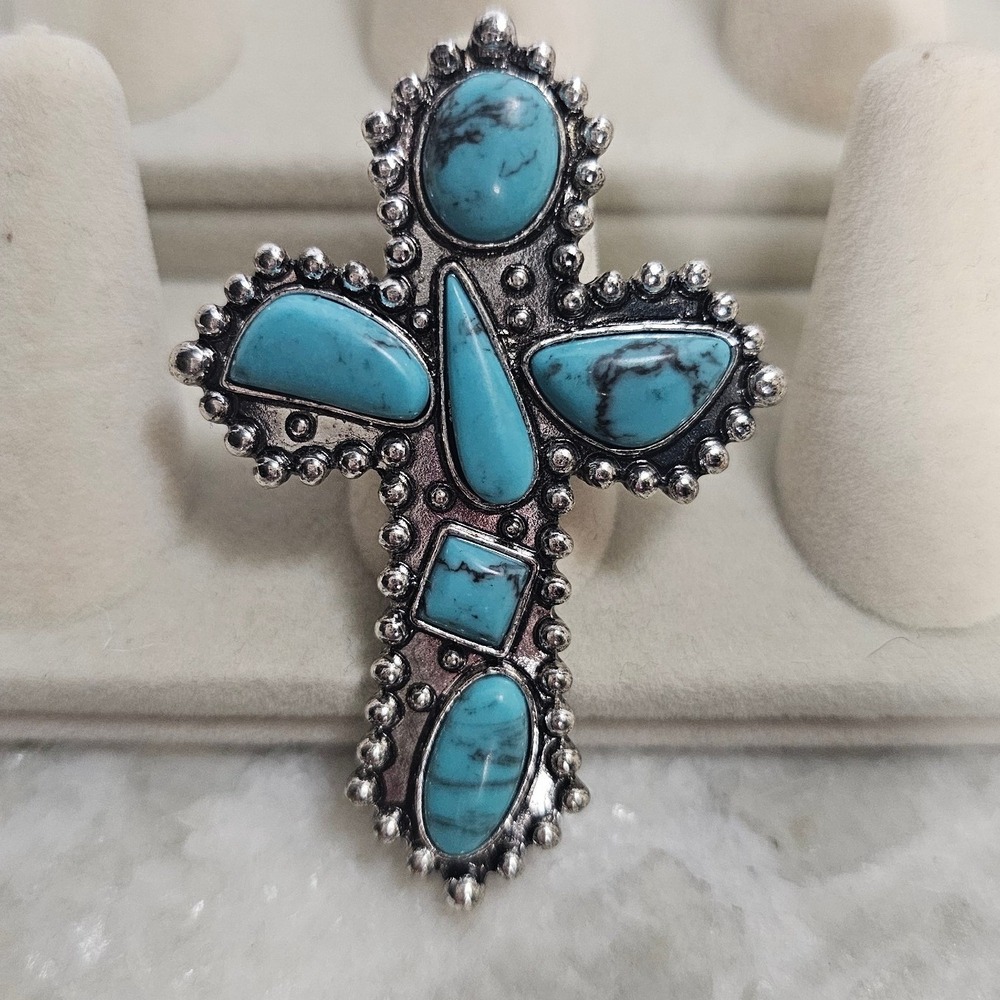 Faux Turquoise Statement Cross Ring Stretchy One Size Blue Western Southwestern